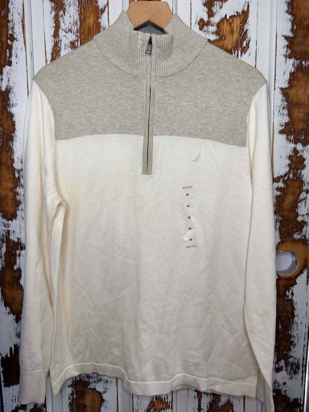Nautica Colorblock Quarter-Zip Mock Neck 100% Cotton Sweater Size Medium NWOT